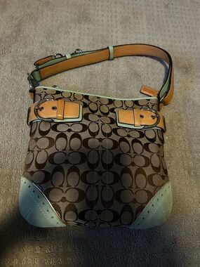 vintage Coach Brown Signature Shoulder Bag with Mint and Tan Accents